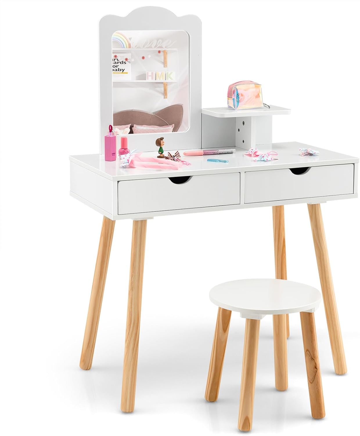 Kids Vanity, Kids Makeup Vanity w/Open Storage Shelve & 2 Large Drawers, Wooden Princess Play Vanity Table, Toddler Vanity, Girls Vanity Set with Mirror and Stool for Bedroom (Pink)