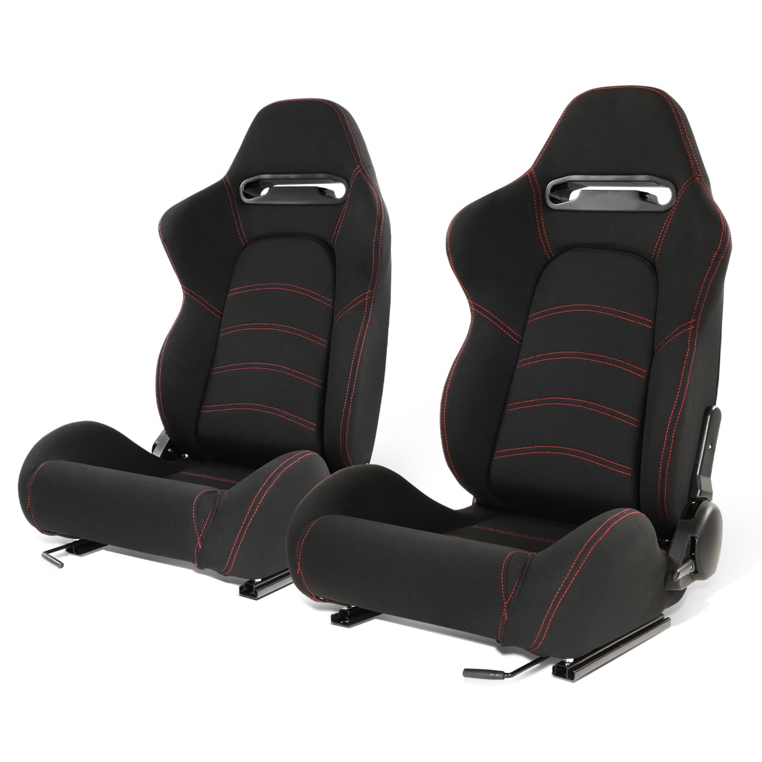 Auto Dynasty Pair of Racing Seat Universal Woven Fabric Reclinable Bucket Seats with Bottom Mount Sliders and Bracket, 35 (H) x 21.5 (W) x 21.5 (D) Inches, Driver and Passenger Side, Black/Red