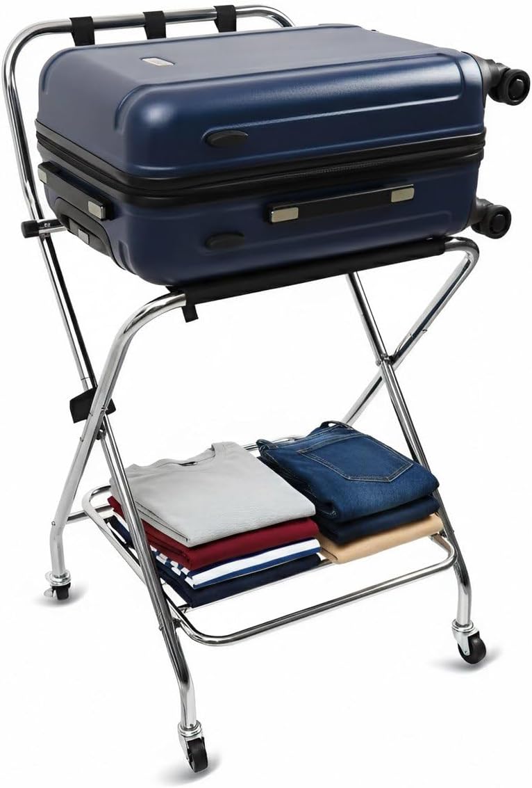 Foldable Luggage Rack with Wheels for Guest Room - Metal Frame Folding Suitcase Stand With 2 Shelves - Portable Luggage Storage Rack - Easy Assembly Suitcase Holder for Hotel, Travel and Bedroom
