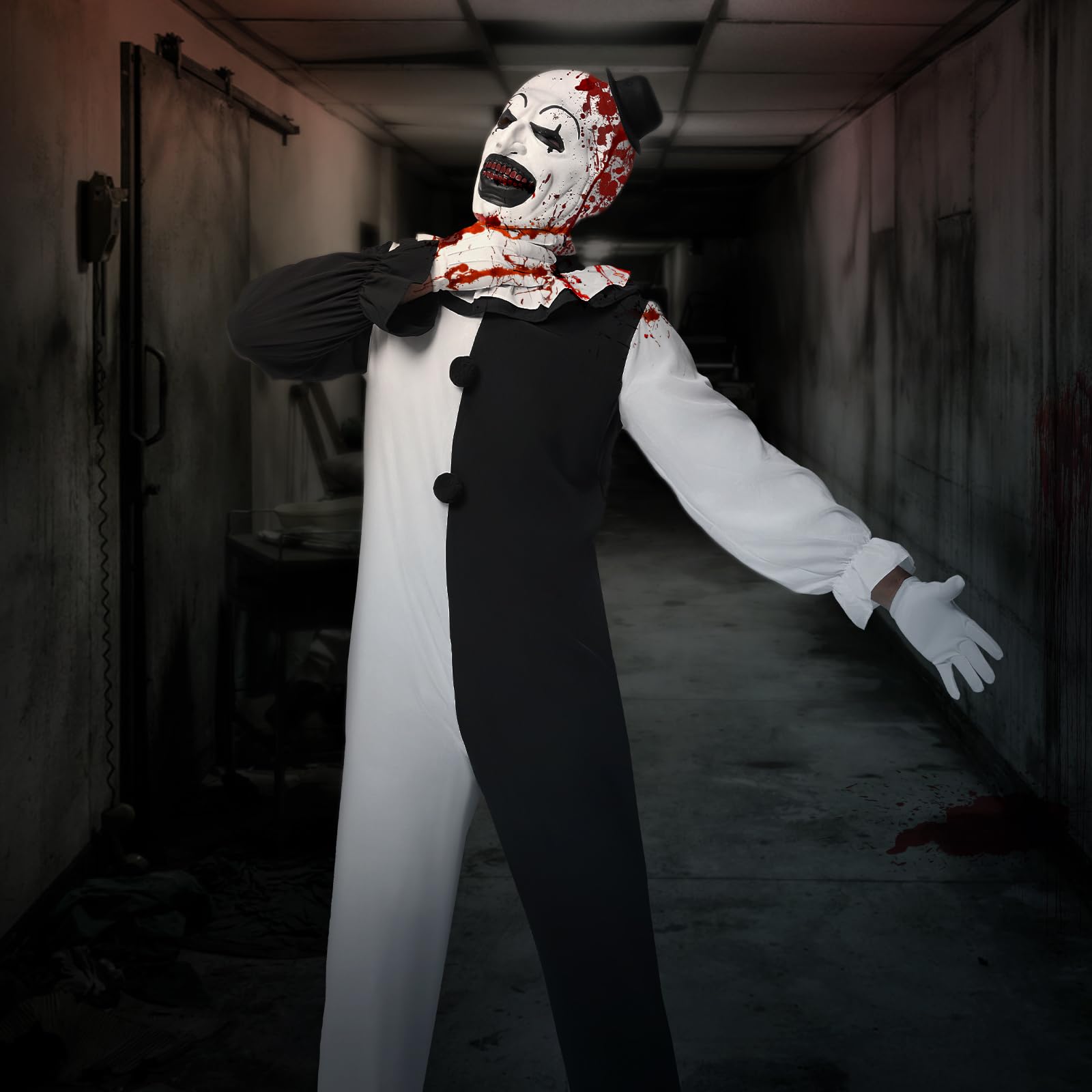 Kostium męski z horroru, terrifier na Halloween, kostium typu clown, zestaw z czarno-białym kombinezonem i maską z horroru terryfizera, na Halloween, karnawał