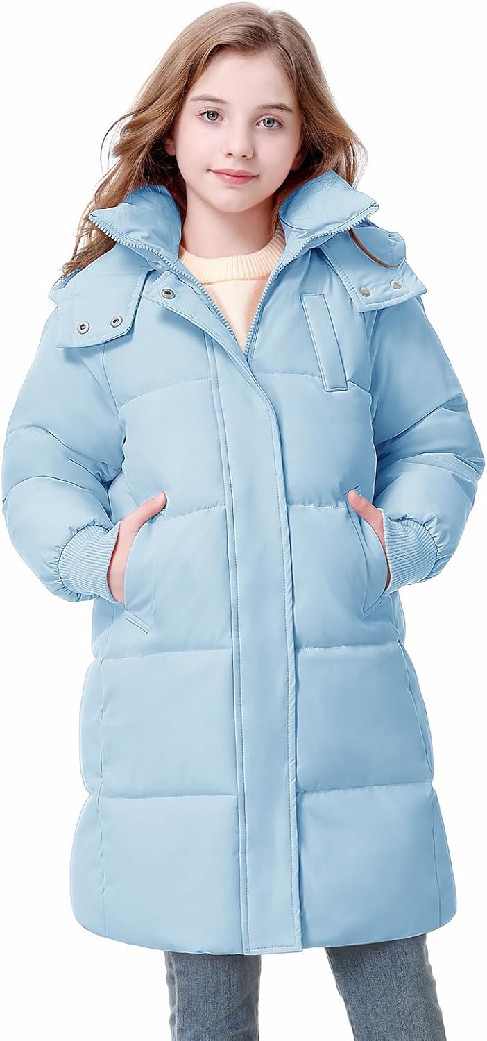 Girls Winter Down Coat Warm Long Puffer Jacket with Hood 6-13Years Over-the-Knee Parka Windproof Outerwear