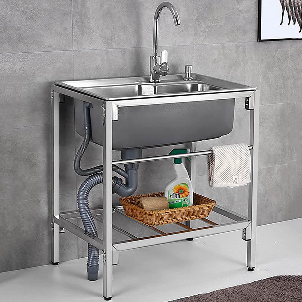 Komercyjny zlew, wolnostojący zlew ze stali nierdzewnej, zlew restauracyjny, zlew do pralni, kran obrotowy 360 °, do garażu Restauracja Kuchnia na zewnątrz.,singleslot68*44