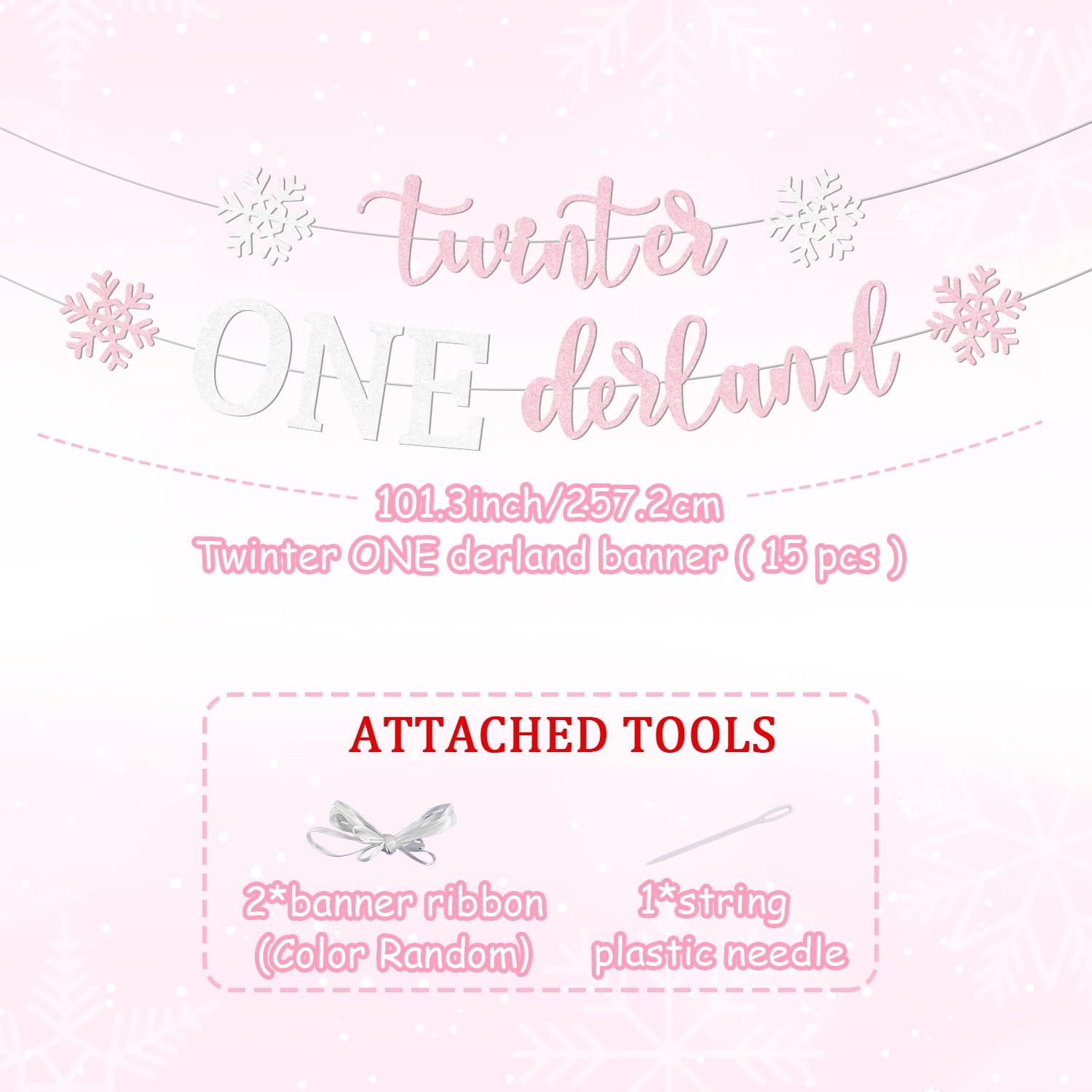 Winter Onederland Banner - Snowflake First Birthday Bunting Sign In Silver & Pink Glitter