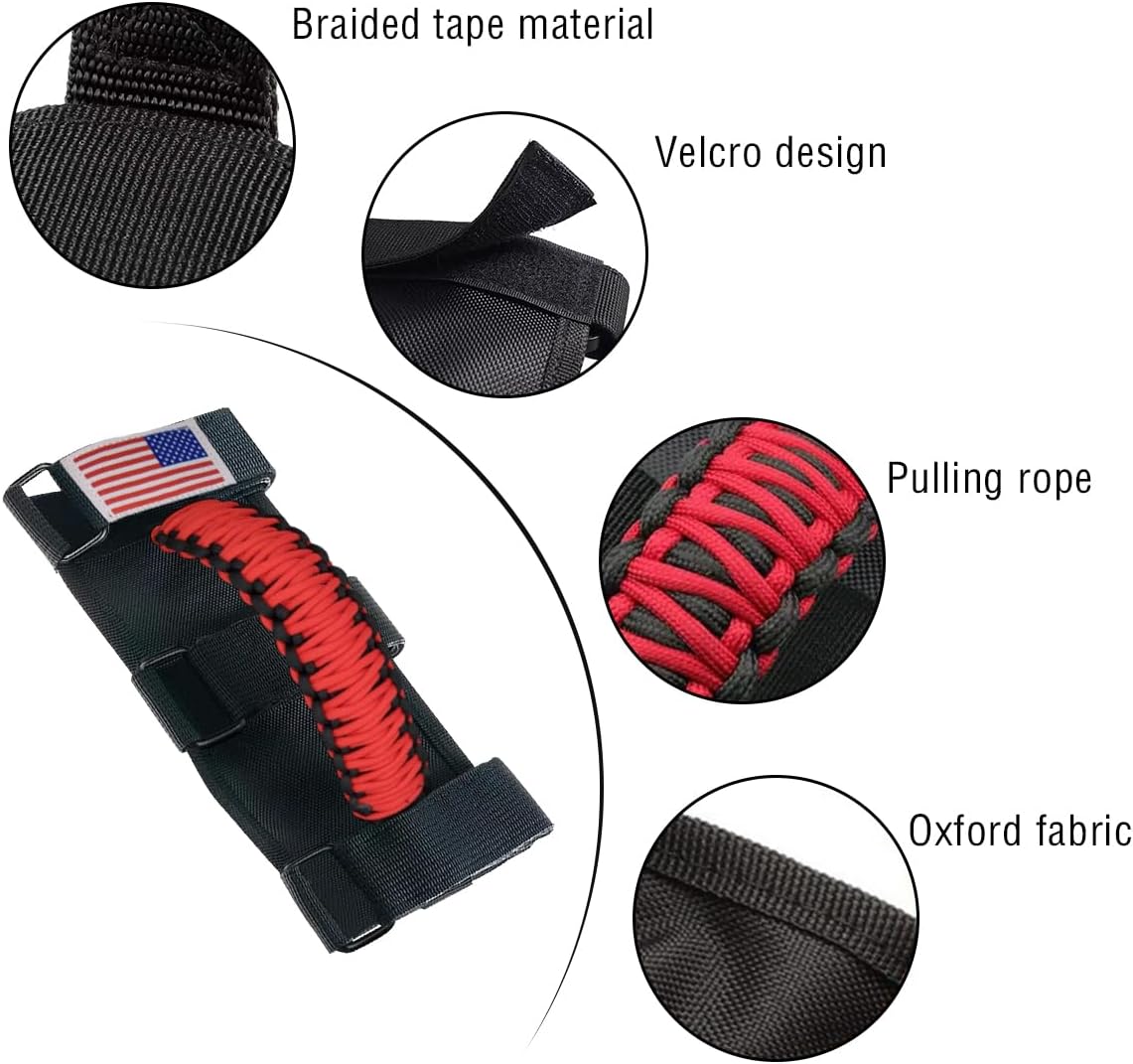HZEL 2PCS Roll Bar Grab Handles, Oxford Cloth Upgrade Metal Buckle Paracord Grip Handles, Durable and Strong Car Accessories, Compatible with Wrangler JL, JLU, JT, JK, JKU, TJ, LJ and YJ (Red)