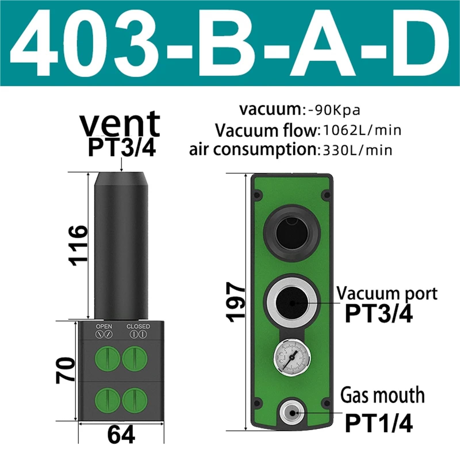 1 x VTM301 Mehrstufige Vakuumgenerator-Einheit, pneumatische Vakuumpumpe mit hoher Durchflussmenge und hoher Saugleistung PM401B-AD für 401/402/403/404/405/406-BAD(403-B-A-D)
