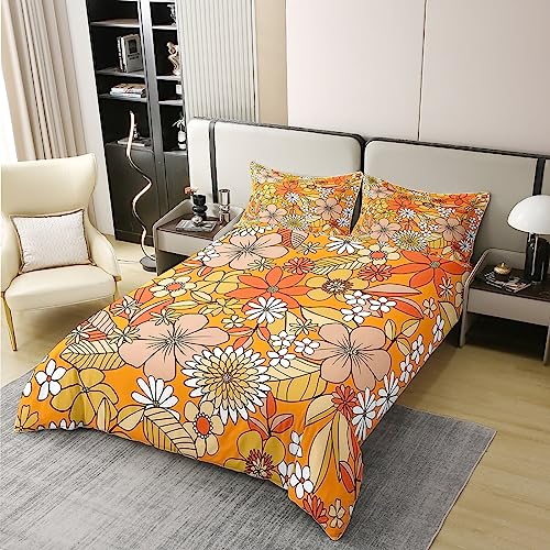 Boho Floral 100% Cotton Duvet Cover Double,Retro 1960S 1970S Groovy Flower Comforter Cover for Kid Girls Teens,Orange Boho Hippie Trippy Bedding Set Botanical Blossom Quilt Cover with 2 Pillowcases - Image 3