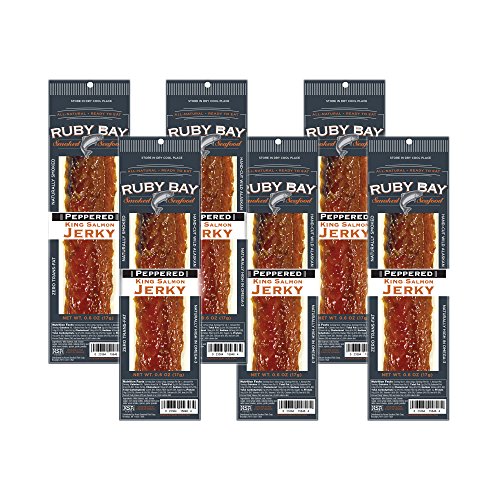 Ruby Bay Wild Salmon Jerky Strip Peppered - 6 Pack - Gluten Free - Non GMO - Kosher - Naturally High in Omega-3
