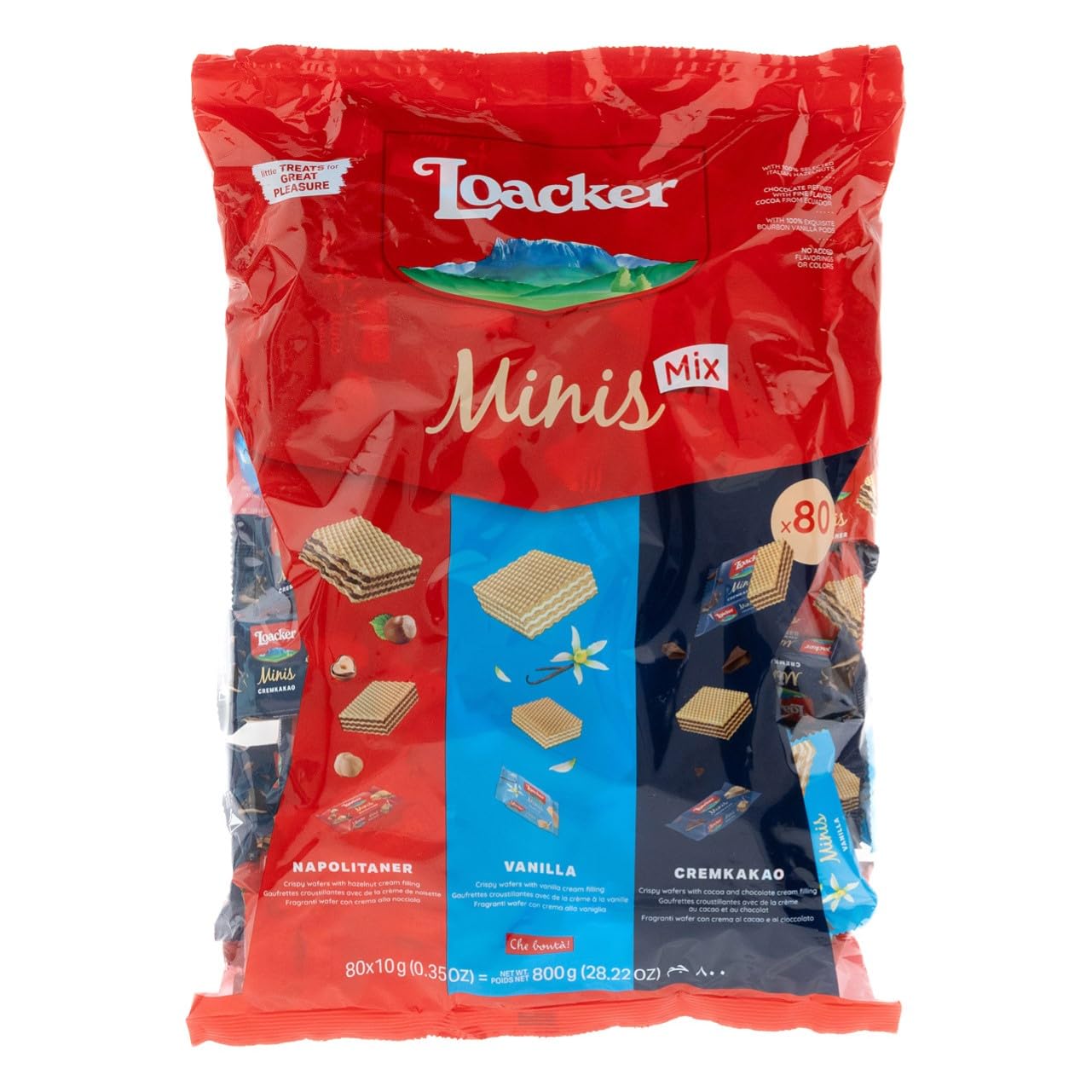 Loacker Party Pack XL Mini Wafer Classic Mix with Chocolate, Hazelnut and Vanilla Cream, 3 Varieties in 80 Single Portions, Snacks and Parties, 800g