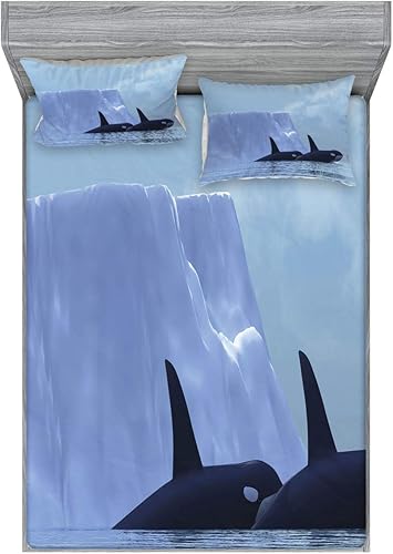 Lunarable Whale Fitted Sheet & Pillow Sham Set, 2 Killer Whales Swimming Near an Iceberg in The Arctic Ocean Exotic Scene, Decorative Printed 3