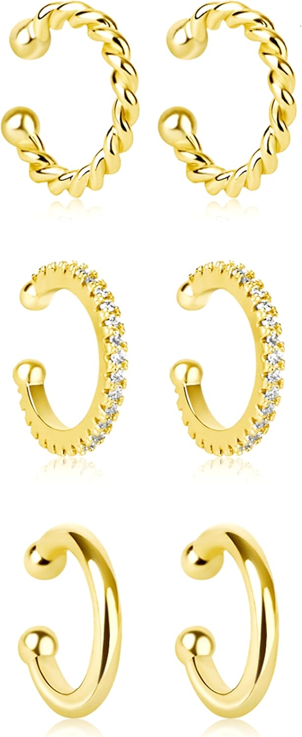 Non-Piercing Ear Cuffs for Women: 14K Gold Plated Hypoallergenic Cubic Zirconia Clip-On Cartilage Hoops - Dainty Fake Piercing Jewelry Gift