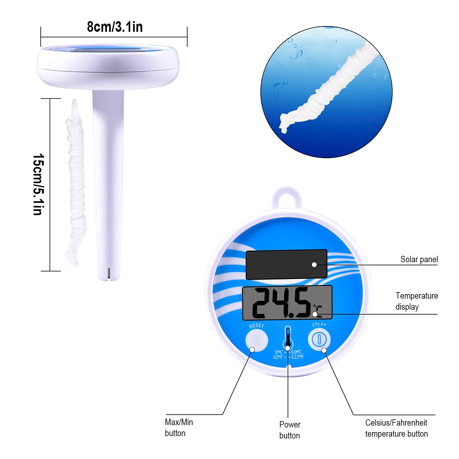 Thermometre Piscine, Thermomètre de Piscine Solaire Numérique avec Grand écran LCD Facile à lire, Thermomètre Flottant Pour Piscines Extérieures et Intérieures et étangs
