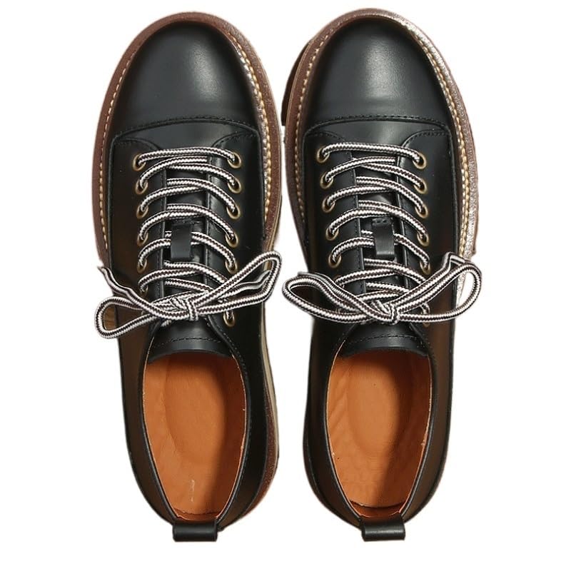 Men's Genuine Leather Round Toe Stacked Platform Oxfords Retro Classic Lace Up Comfortable Non-Slip Block Heel Oxford Sneakers