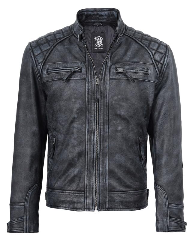 Image of Blingsoul Men's Leather Motorcycle Style Jacket - Quilted Cafe Racer Biker Style Jacket for Men