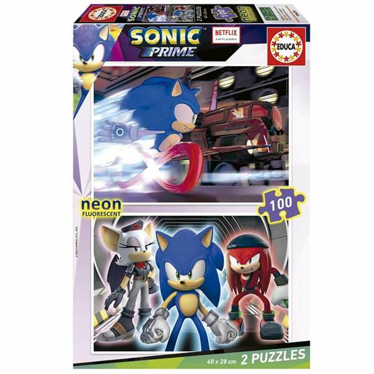 Educa - Sonic Prime Neon 2x100 Glow-in-the-Dark Jigsaw Puzzles | Fluorescent Fun | Fine Motor and Creative Skills for All Children | Ages 6+ (19629)