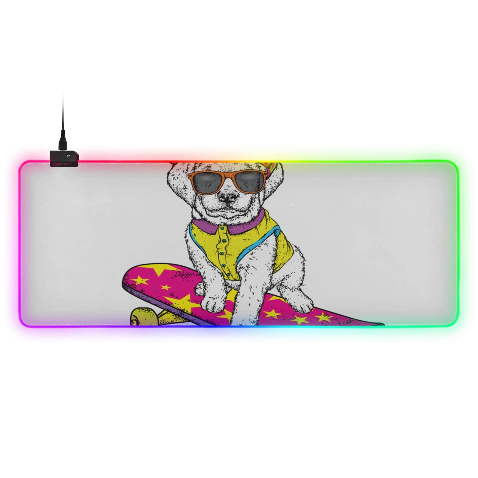 Large RGB Gaming Mouse Pad Funny Dog On Skateboard Glowing Extended Mousepad 31 5x11 8in Soft Anti-Slip Rubber
