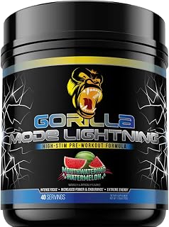 Gorilla Mode Lightning Pre-Workout - Extreme Energy · Laser Focus · Powerful Pumps · Peak Performance - 550mg Caffeine, 13500mg L-Tyrosine, Alpha-GPC– 772g (Mouthwatering Watermelon)