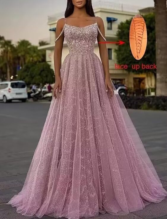 Zepumen Cold Shoulder Sequin Prom Dresses Sparkly Tulle Long Ball Gowns Formal Evening Party Gown3