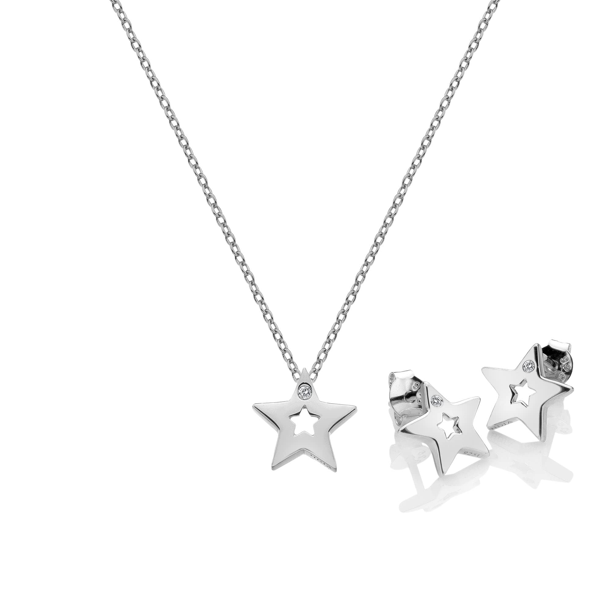 Diamond Amulets Star Necklace & Earrings Set | 925 Sterling Silver with Real Diamonds | Elegant Jewellery Gift Set for Women