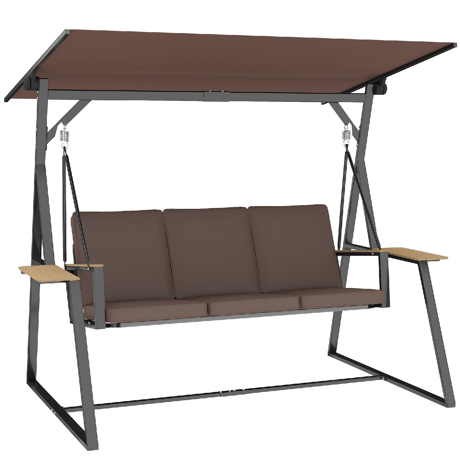 Dondolo da Giardino 3 Posti con Tettuccio Regolabile e Porta Bicchieri in Metallo Dimensioni 222x131x175 cm, Marrone