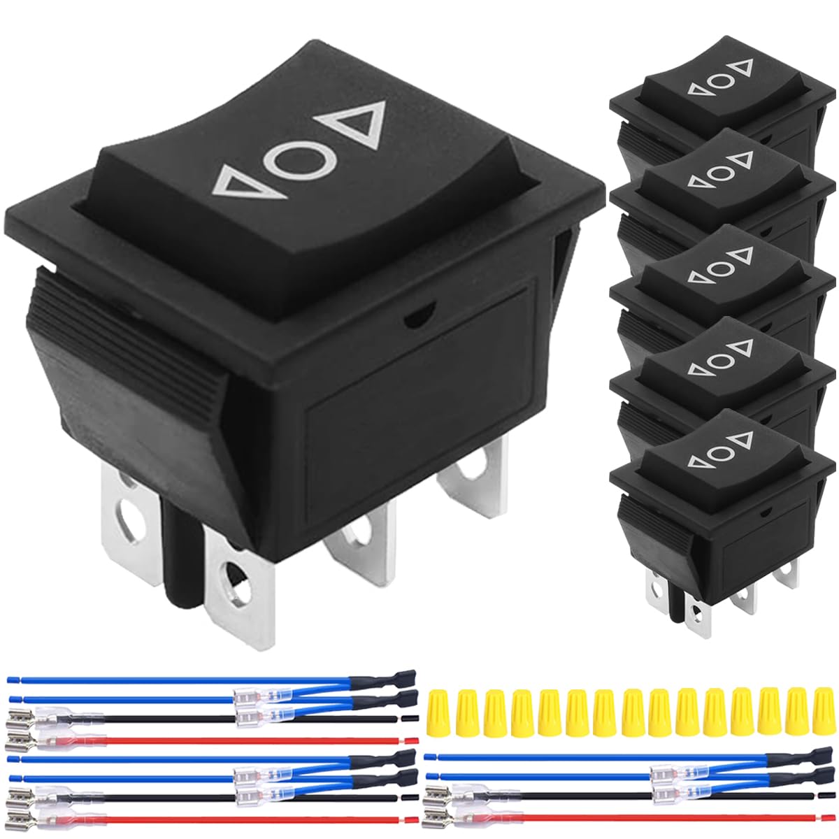 MKBKLLJY 6Pcs Momentary Motor Polarity Reverse Rocker Switch Black DC 20A 12V DPDT 6Pin 3Position (ON)-Off-(ON) 16A 250V AC/20A 125V AC Automatic Reset Switch with Jumper Wires Wiring cap for Boat