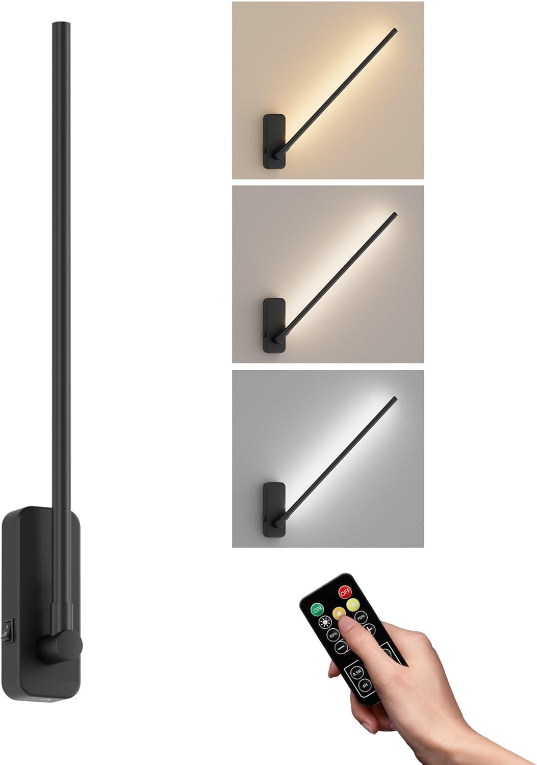 Aipsun Battery Operated Wall Sconces,Wireless Wall Light with Remote Control Rechargeable Black Battery Wall Sconce 350°Rotate,Dimmable LED Wall Lights for Living Room,Bedroom (3000K&4000K&6000K)
