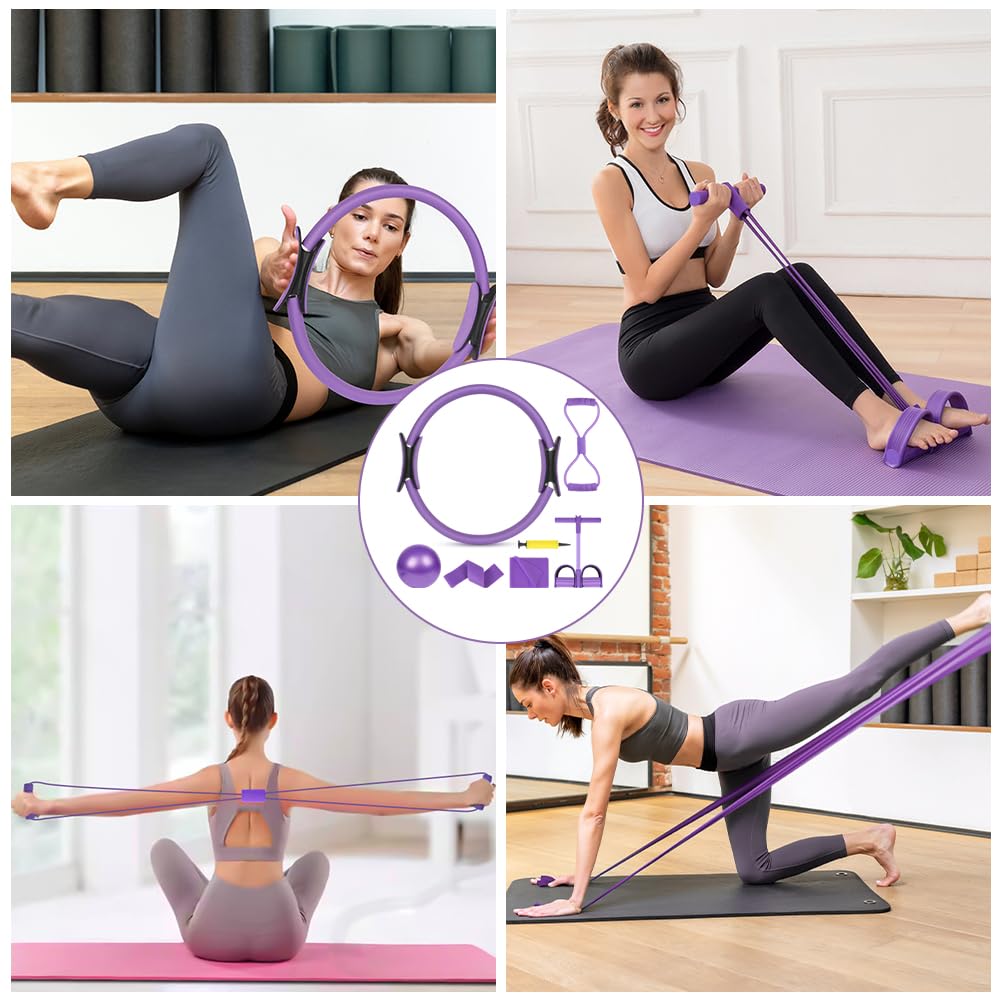 Zestaw pierścieni do pilatesu, 15''/38cm Magic Circle z podwójnymi uchwytami, 6-częściowy zestaw niezbędnych akcesoriów do pilatesu zawierający lateksową taśmę oporową, piłkę do jogi, elastyczny