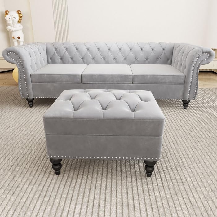 Image of Chesterfield Velvet 3 Seater Round Arm Sofa + Ottoman Modern Sofa for Your Loving Space, Bedroom, Living Room, Offices (Grey)