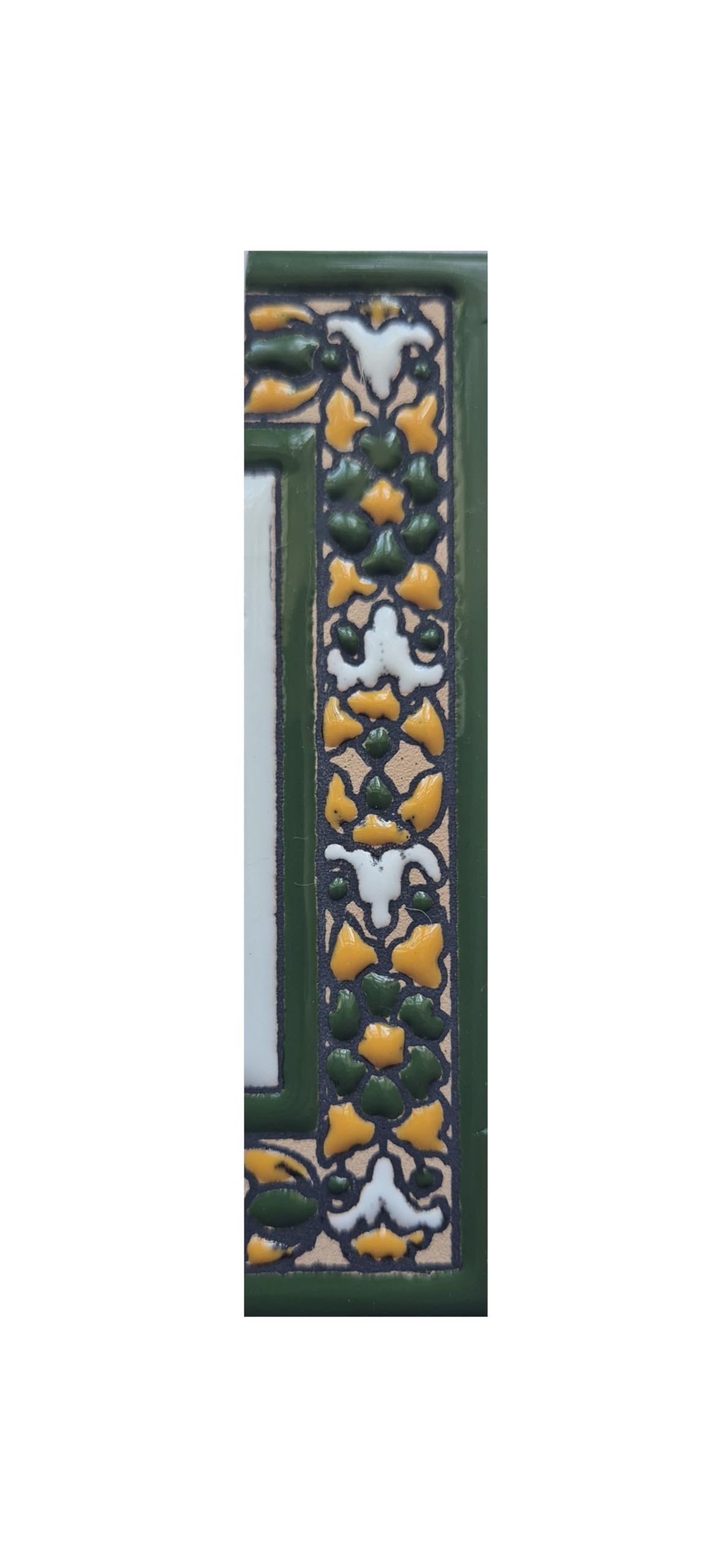 Sevillia Green, hand-painted ceramic house number tiles measuring 11 × 5.5 cm. (Single end piece)