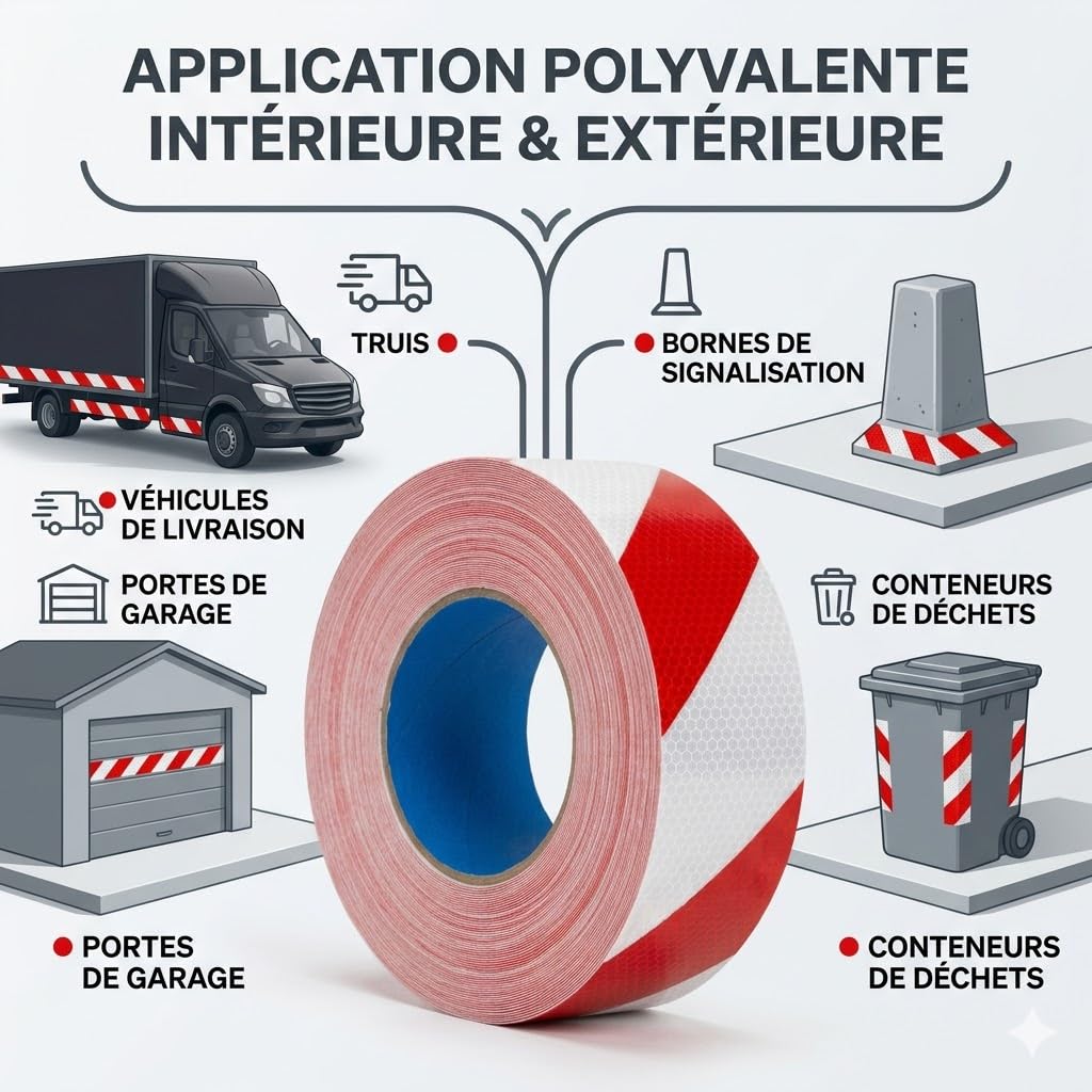 Bande Réfléchissante Autocollante 10cm x 25m Rouge et Blanc – Ruban Réfléchissant Haute Visibilité PET Imperméable – Sécurité Véhicule, Camion, Porte Garage, Signalisation
