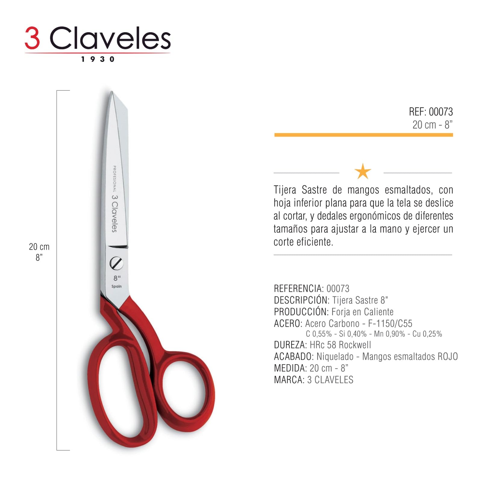 3Claveles 73 - Tijera sastresa de 8", níquel