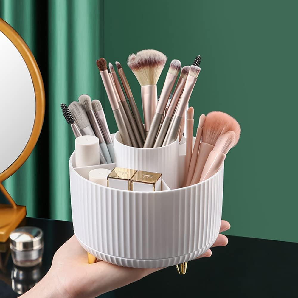CHIDDHAN 360° Rotating Makeup Organiser, Creative Makeup Brush Holder with 5 Compartments, Desk Tidy Organiser Pencil Holder for Dresser, Bedroom, Bathroom, Office(White) 4
