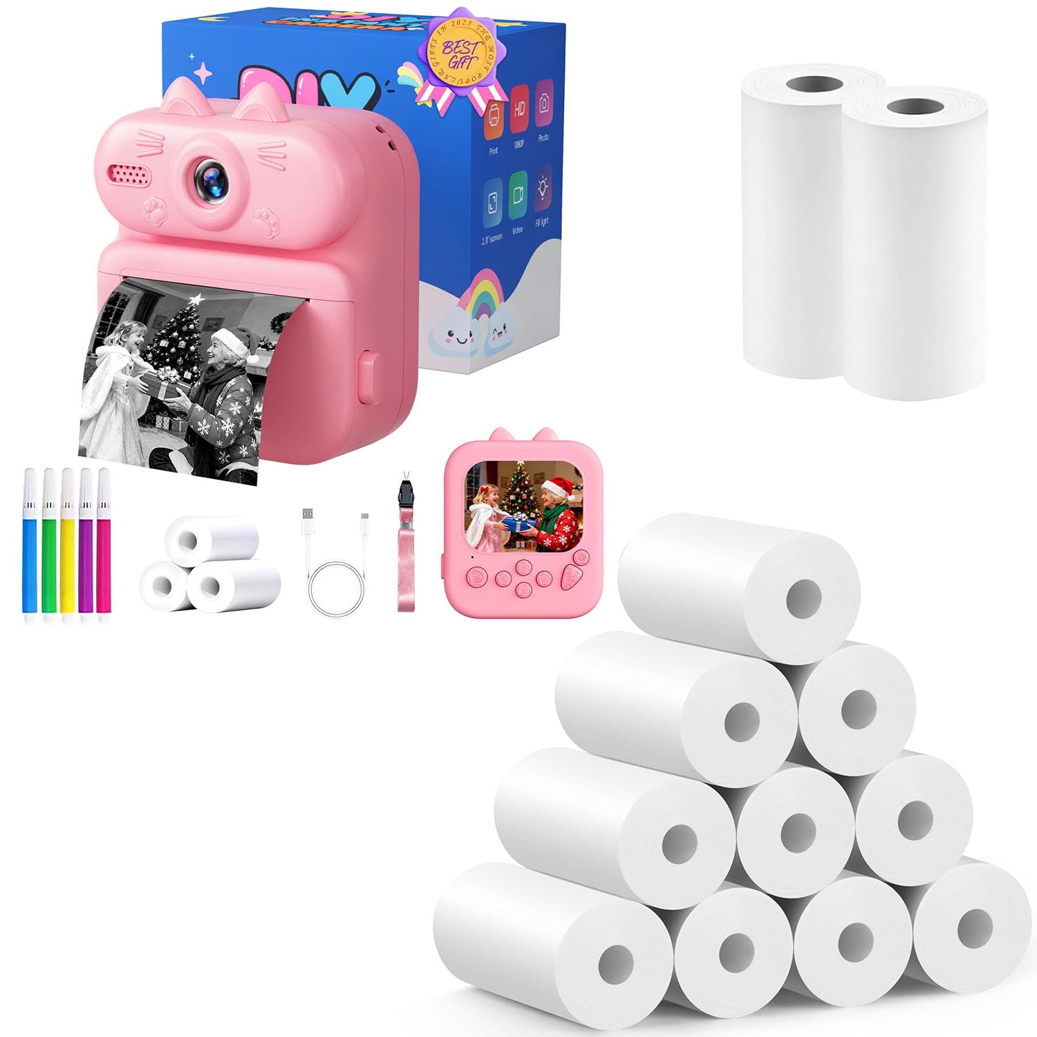 Kids Camera Instant Print - Pink Cat with 12 Rolls Refills Paper