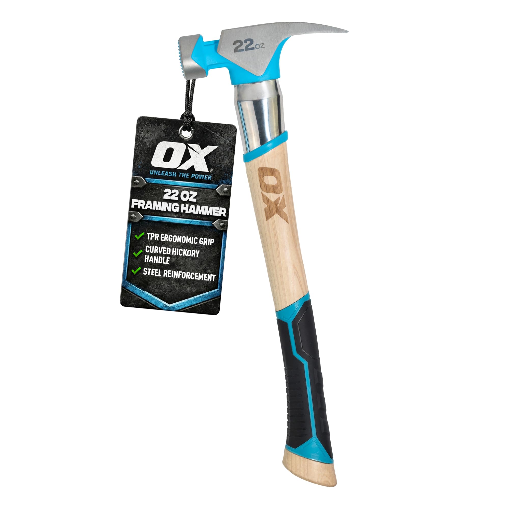 OX Tools Pro 22oz Curved Hickory Handle Hammer with TPR Grip and Steel Shaft Hickory Framer - Magnetic Nail Starter Curved Axe Handle Milled Face Straight Claw Hammer OX-P088422