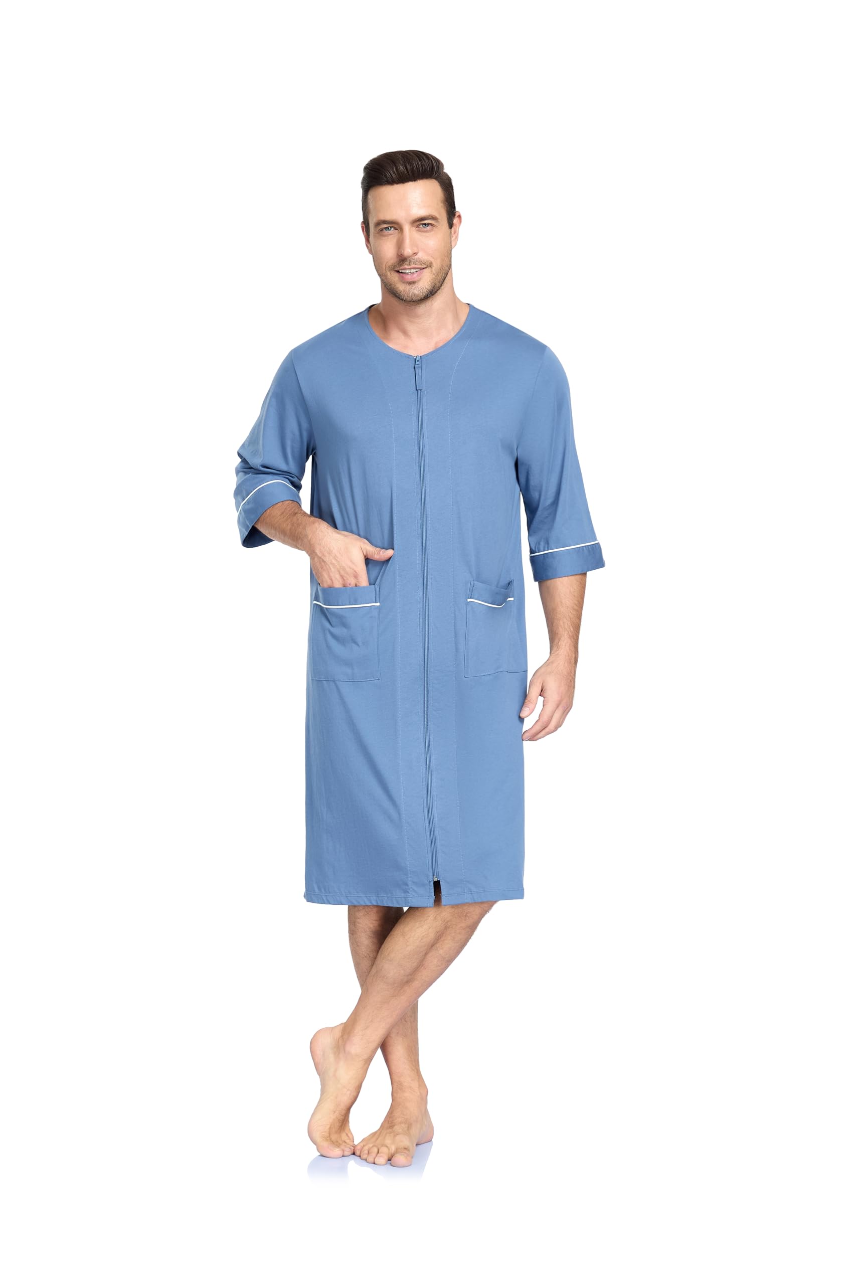 EA'S SECRET Herren 100% Baumwolle Morgenmantel Weicher Reißverschluss Bademantel Kurzarm Sommer Kimono Hausmantel Mit Taschen