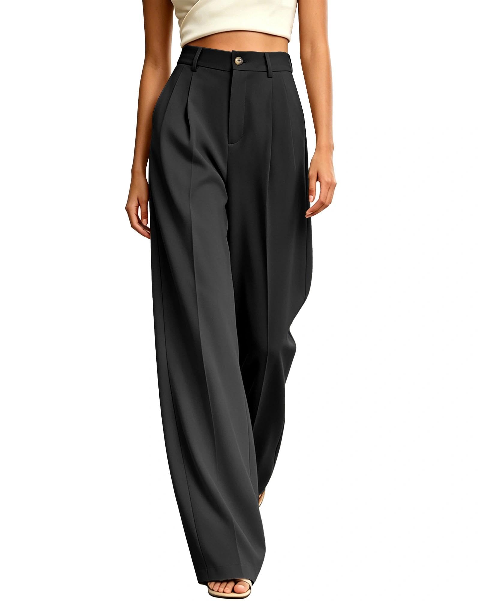 JUOIANTANG Damen Anzughosen hoch Taille Bundfalten Business Casual Palazzohose mit weitem Bein und Taschen Frauen Stoffhosen