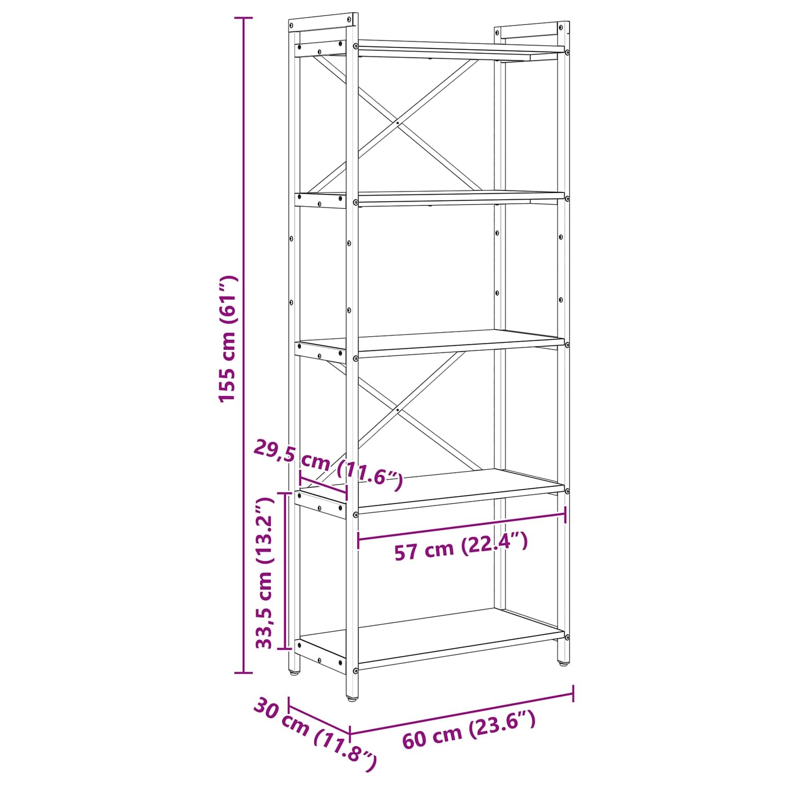 Scaffale da 60 x 30 x 155 cm, colore nero, effetto rovere