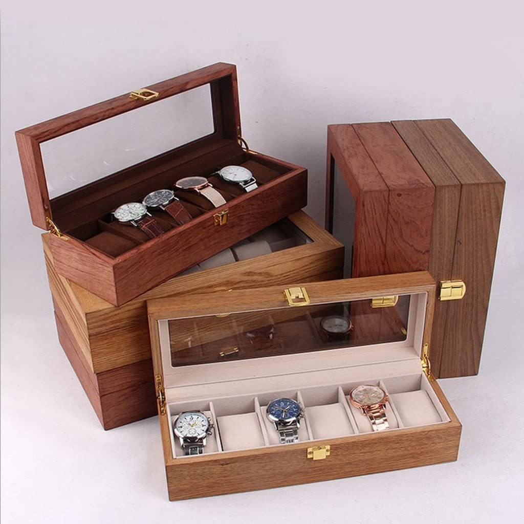 Pudełko na Zegarki Szkatułka na Zegarki Drewniane Pudełko Na Zegarek Case Organizer Uchwyt Na Zegarek Do Zegarków Mężczyźni Organizer Na Biżuterię Box 6 Slotów Drewniane Pudełko Z Przezroczystym Szkłe