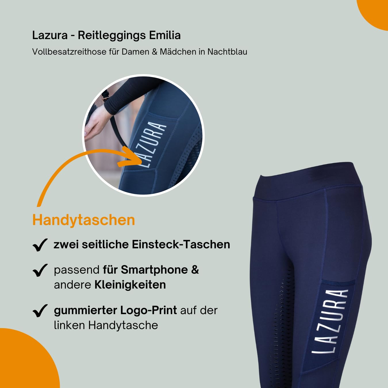 Lazura - Reitleggings für Damen & Mädchen Emilia | Vollbesatz aus Silikon | Vollbesatzreithose mit 2 seitlichen Handytaschen | Reithose in fünf Farben | Reitbekleidung in Größe 116-176 & 34-46
