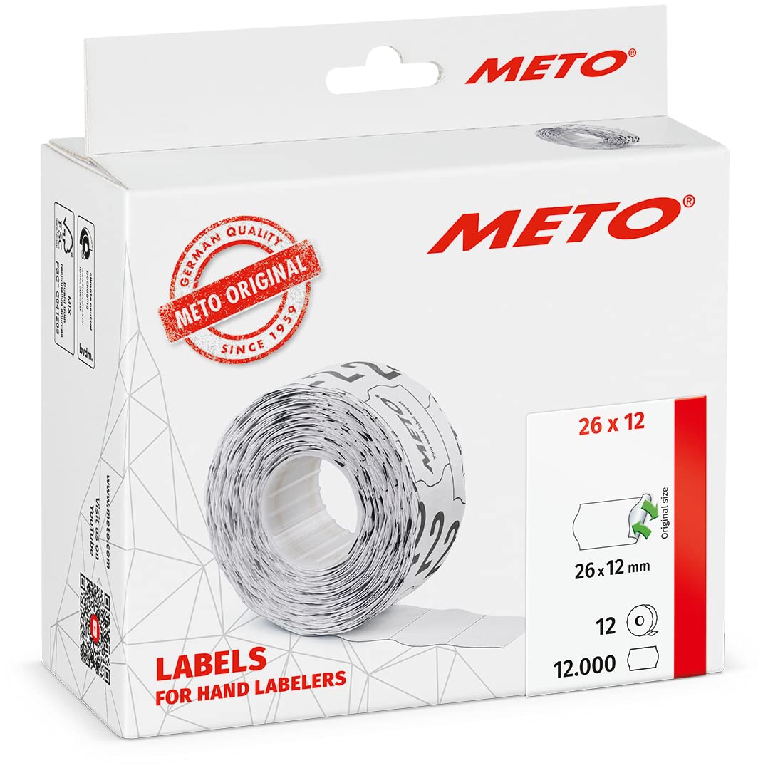 Meto Price Gun Labels (26×12 mm, Single-line, White, 12,000 Labels, Removable, for METO, Contact, Sato, Avery, Tovel, Samark etc.)