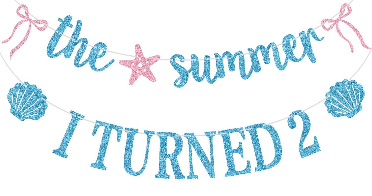 Blue Glitter Glitter the Summer I Turned 2 Banner, Hawaiian Summer Tropical Birthday Decor, Shell Starfish Themed 2nd Birthday Party Decorations Supplies