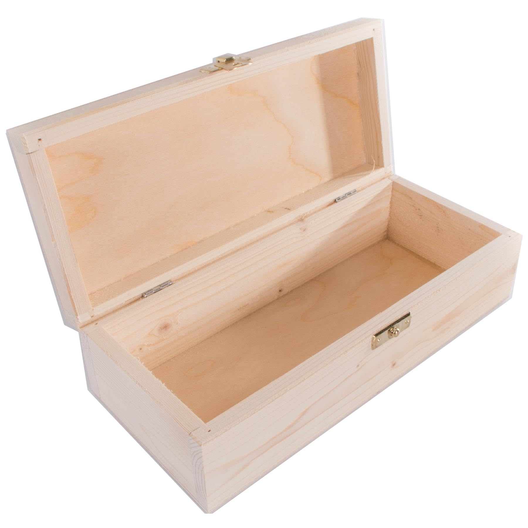 WooDeeDoo Rectangular Wooden Storage Box with Clasp and Hinged Lid – 24 x 10.5 x 7 cm – Unpainted Pine Case for Crafts Jewellery Trinkets Keepsakes Gift Decorating