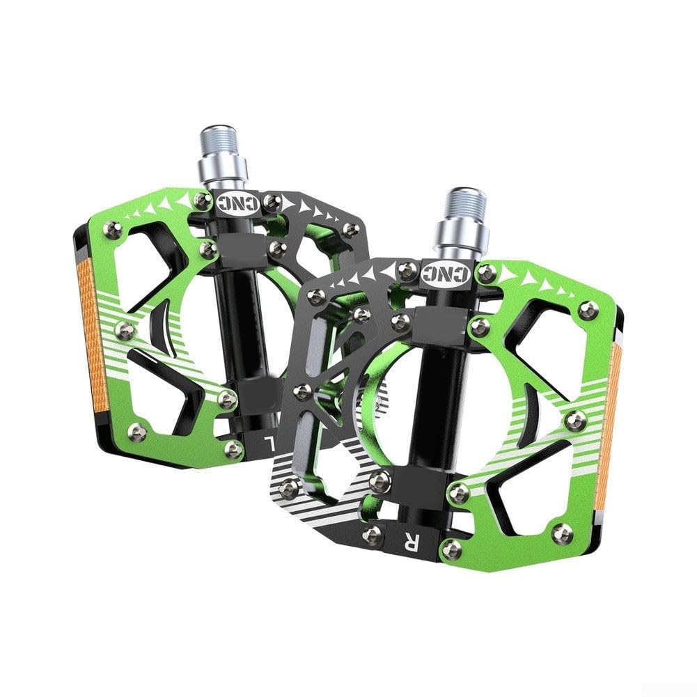 Aluminium Alloy Mountain Bike Pedals With Non-Slip for surface And Reflective Strips For Mtb Cycling, Cnc Machined Flat Pedals For Enhanced Grip And Night Safety(green)