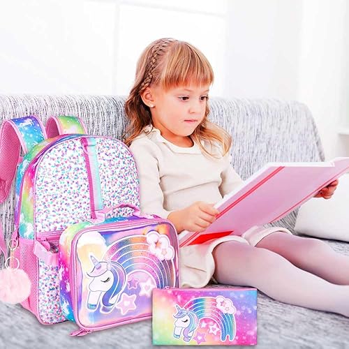 Miniatura 7 de KLFVB Mochila de dinosaurio de unicornio de 3 piezas para niñas y niños, bolsa de libros y lonchera con lentejuelas de 16 pulgadas, Unicornio Rosa 3