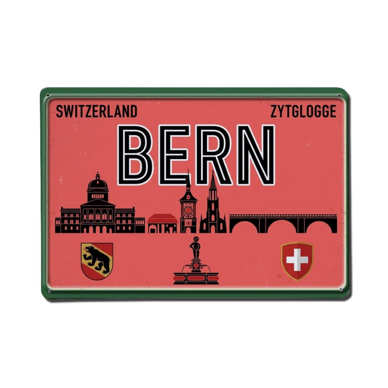 Cxhjca 8X12inch(20X30cm) Vintage Travel Bern Bear Fountain Clock Metal Tin Sign