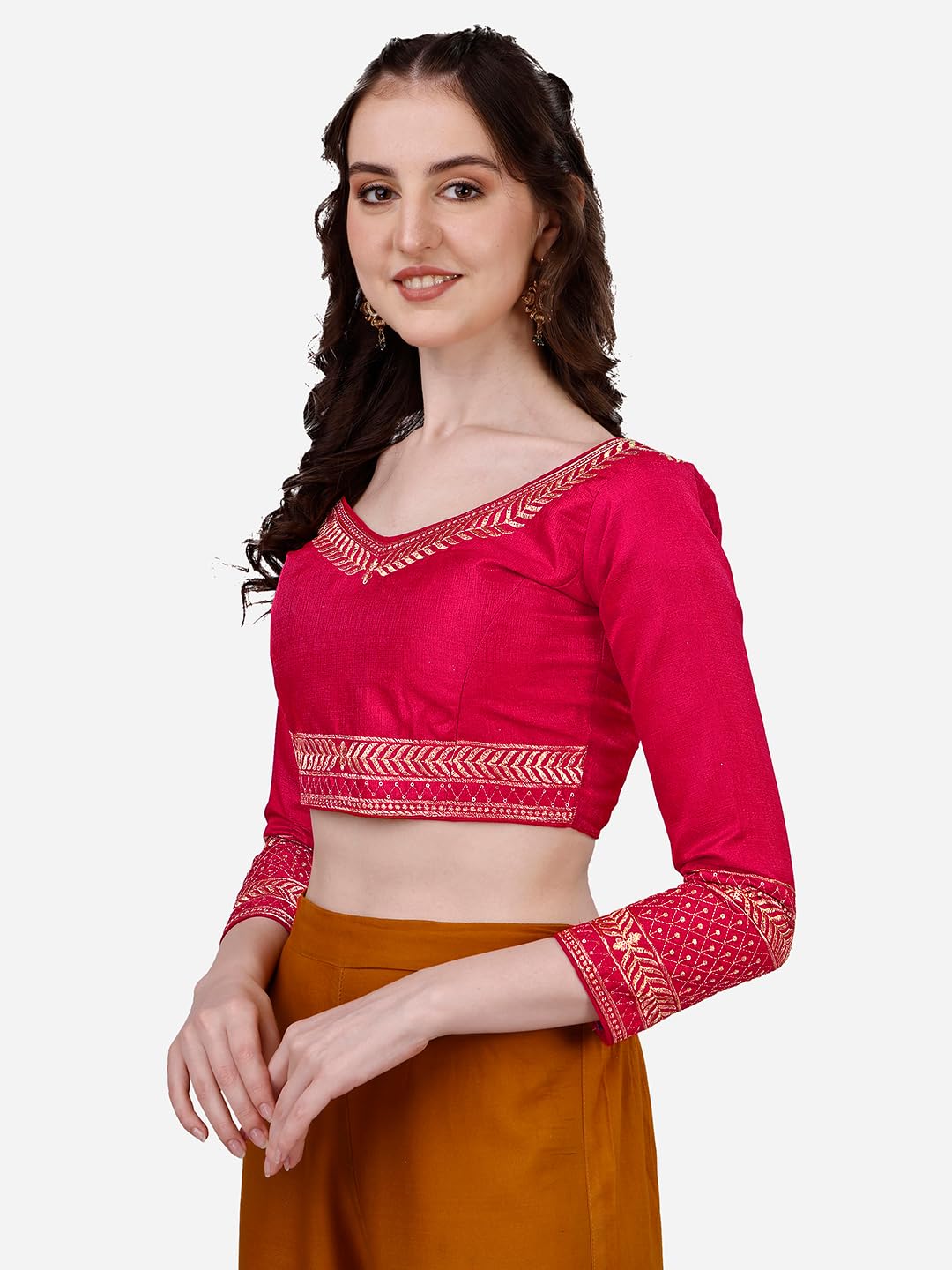 Pujia Mills Women's Milan Silk Heavy Embroidery with Sequins Worked Full Sleeve Fancy Saree Blouse Pink(Charlie Pink) 1