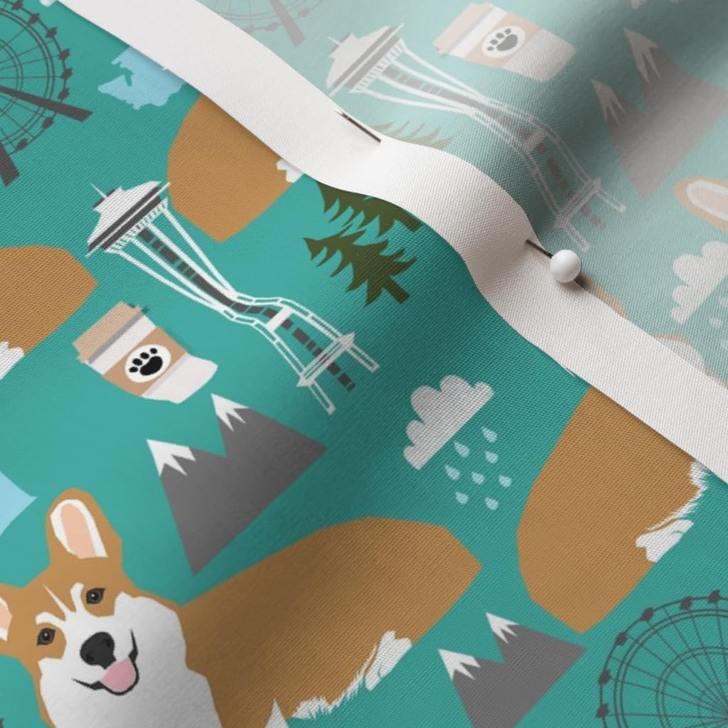 Spoonflower Fabric - Corgi Space Coffee State Turquoise Corgis Dog City Printed on Cotton Poplin Fabric by The Yard - Sewing Shirting Quilting Dresses Apparel Crafts