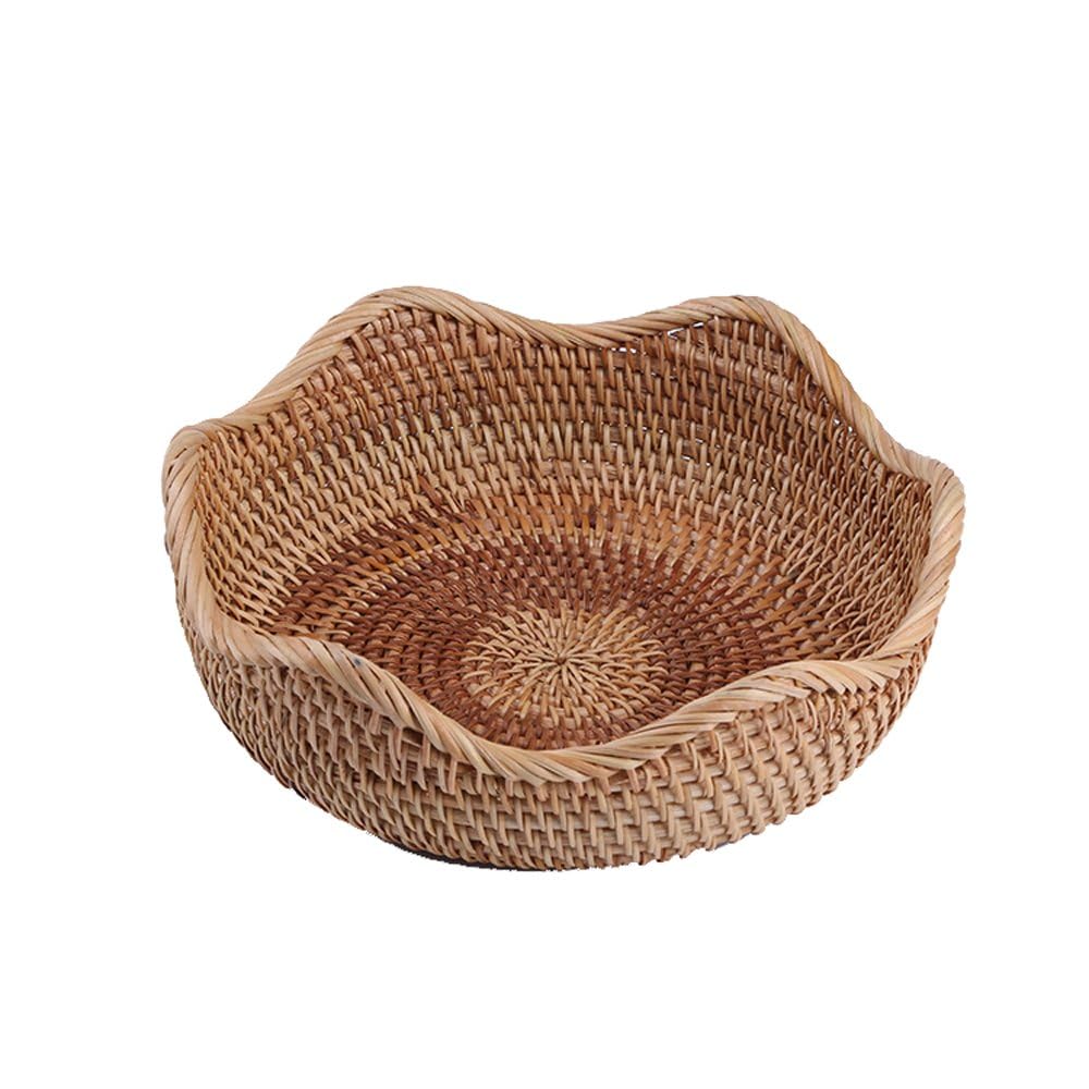 Azonee Hand-woven Basket, Handmade Rattan Round Fruit Basket Round Serving Tray Fruit Bowl, Bread Basket, Food Storage Bowl, Snack Serving Bowl Boho Home Décor Display Tray (8.7 Inch)
