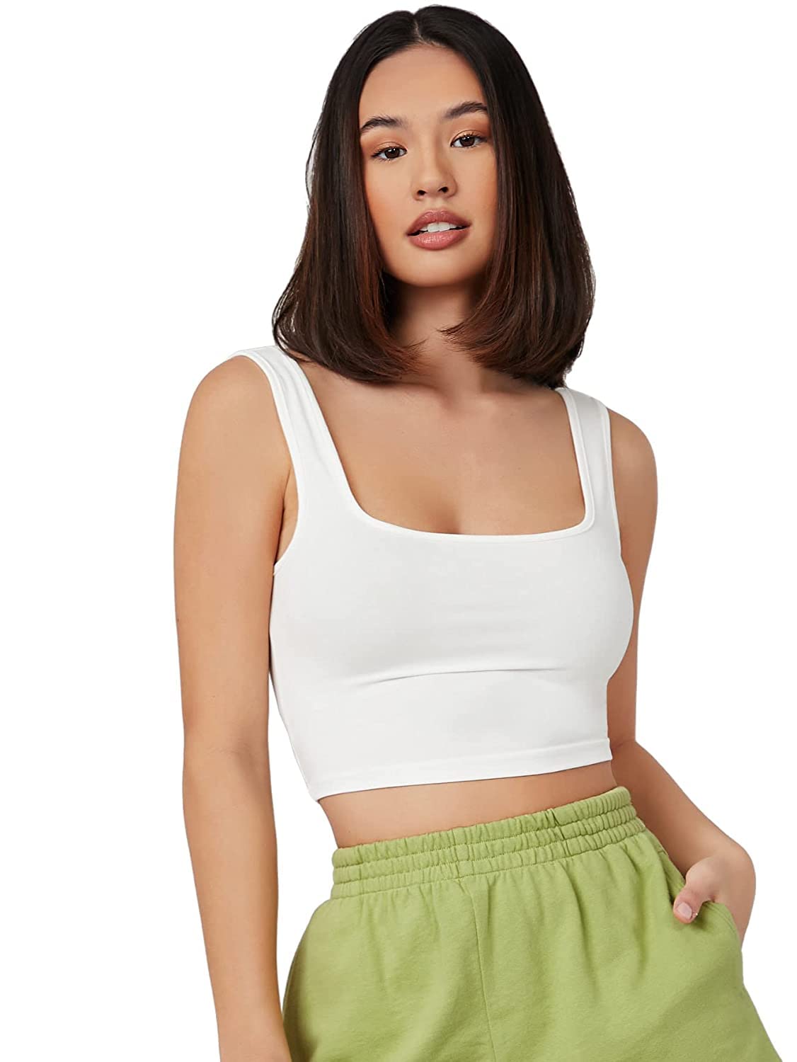 Women's Wardrobe Essential Square Neck Sleeveless Knit Rib Tank Crop Top CT-04 (X-Small, White)-picture-35