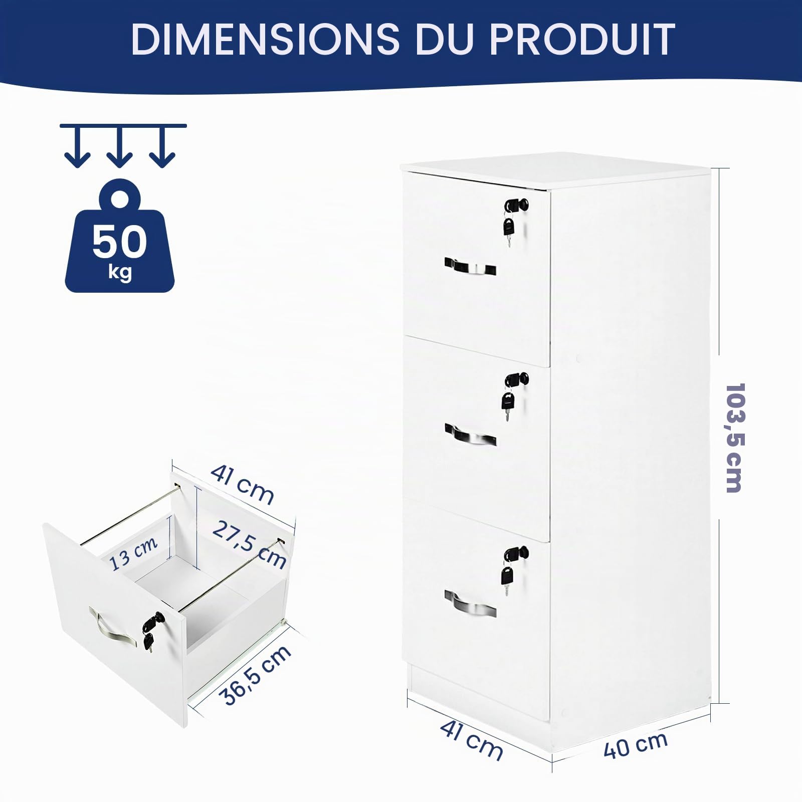 Caisson de Rangement, Meuble Bureau 3 Tiroirs, Verrouillable Armoire Meuble de Rangement Bureau 103.5 cm Hauteur pour Dossiers Suspendus, Papier Administratif, Imprimante, Format A4, Blanc
