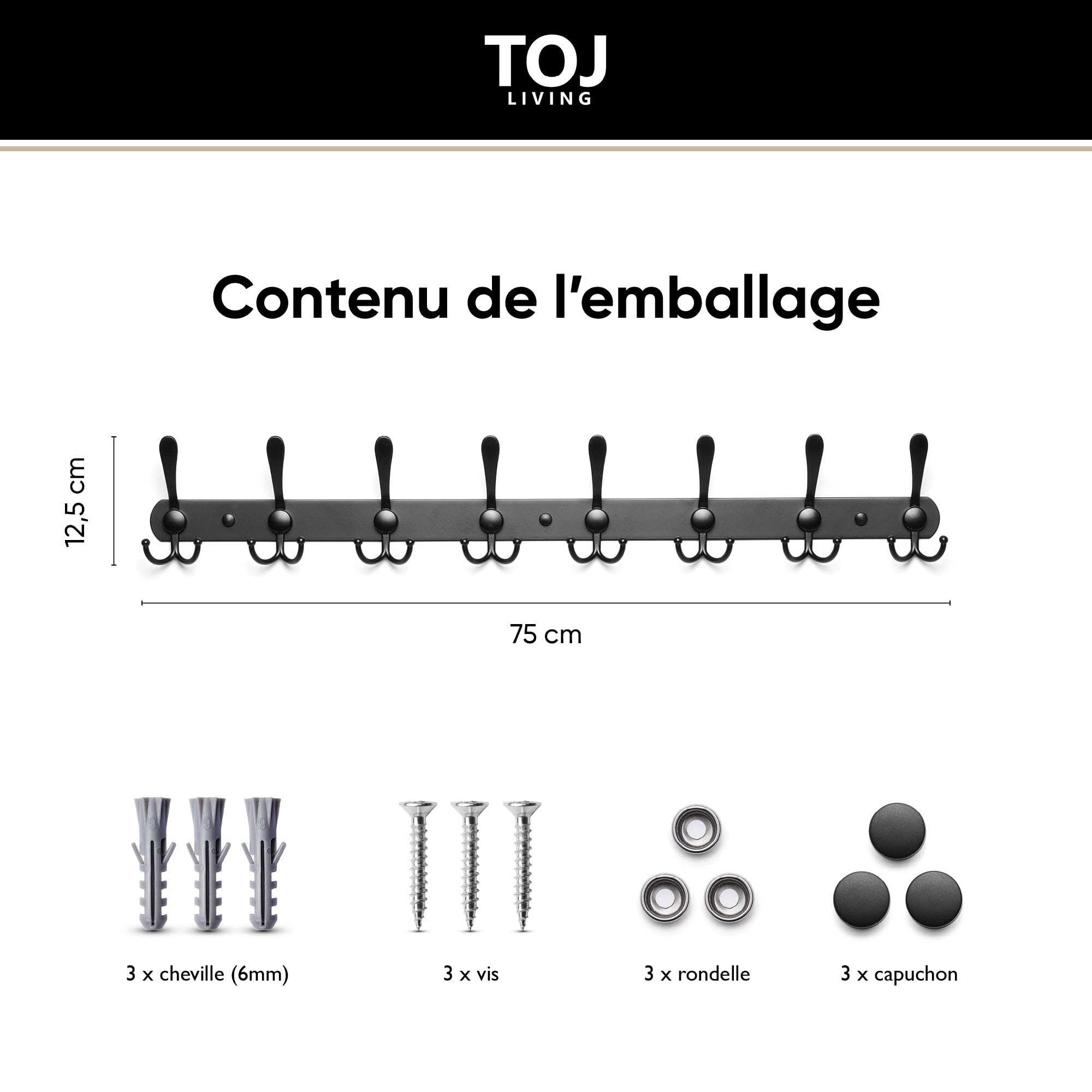 TOJ Living Appendiabiti da parete - 75CM - 24 ganci - Appendiabiti - Appendiabiti da parete - Appendiabiti a muro - Appendiabiti nero - Barra appendiabiti a parete - Gancio appendiabiti - Acciaio